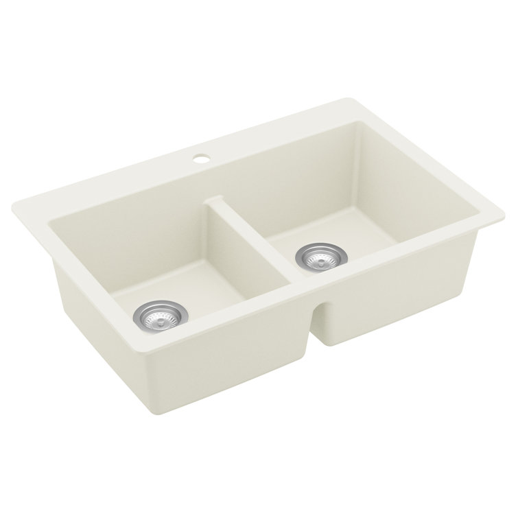 White Quartz 33'' Double Bowl Drop-In Kitchen Sink