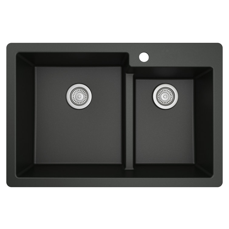 Black Quartz 33'' Double Bowl Top Mount Kitchen Sink