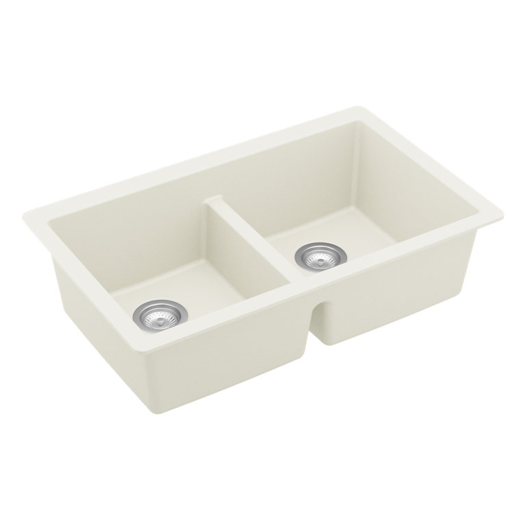White Quartz Double Bowl Undermount Kitchen Sink, 32"