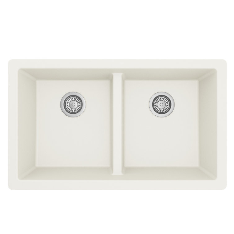 White Quartz Double Bowl Undermount Kitchen Sink, 32"
