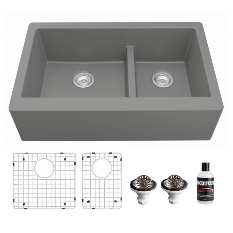 Gray Quartz 34'' Double Bowl Farmhouse Kitchen Sink Kit