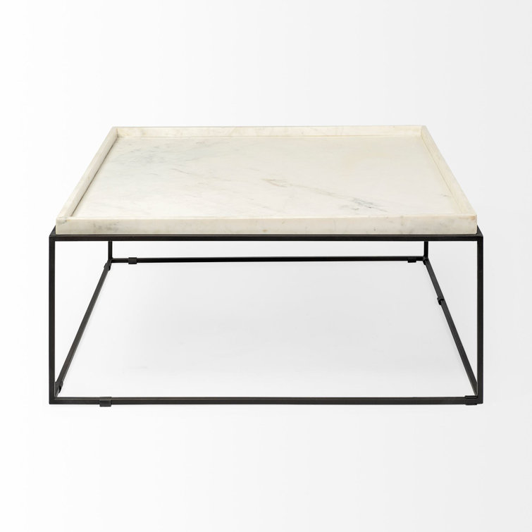 Nathan Square White Marble Top Black Metal Base Coffee Table
