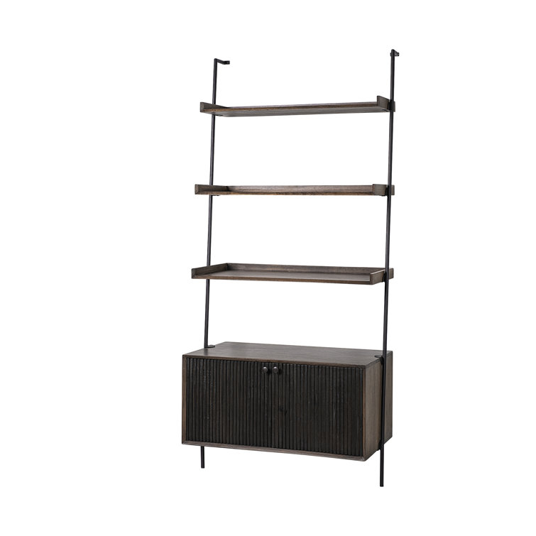 Mango Wood Ladder Bookcase with Dark Brown Cabinet