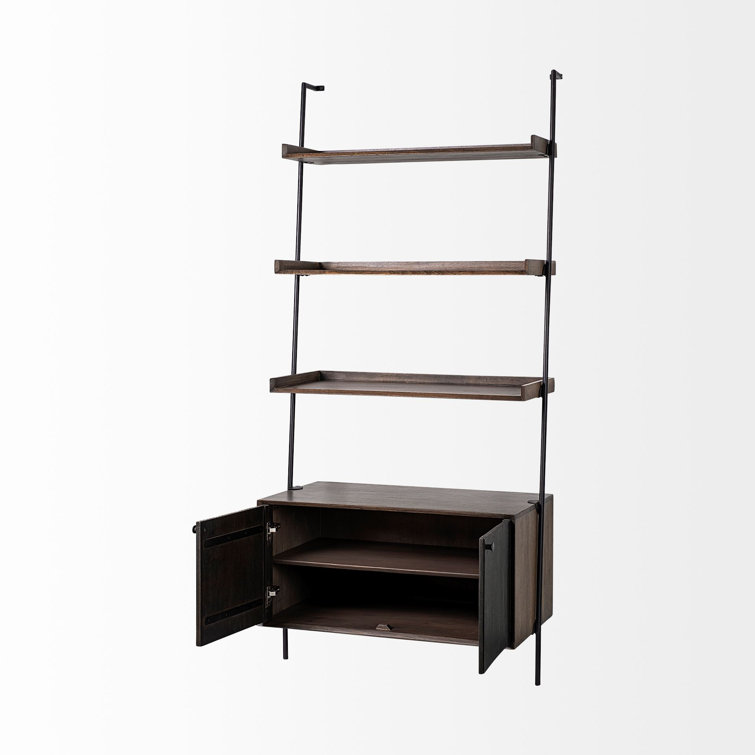 Mango Wood Ladder Bookcase with Dark Brown Cabinet