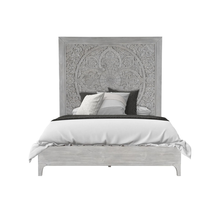 Boho Chic Sandblasted Pine Queen Bed with Carved Mandala Headboard