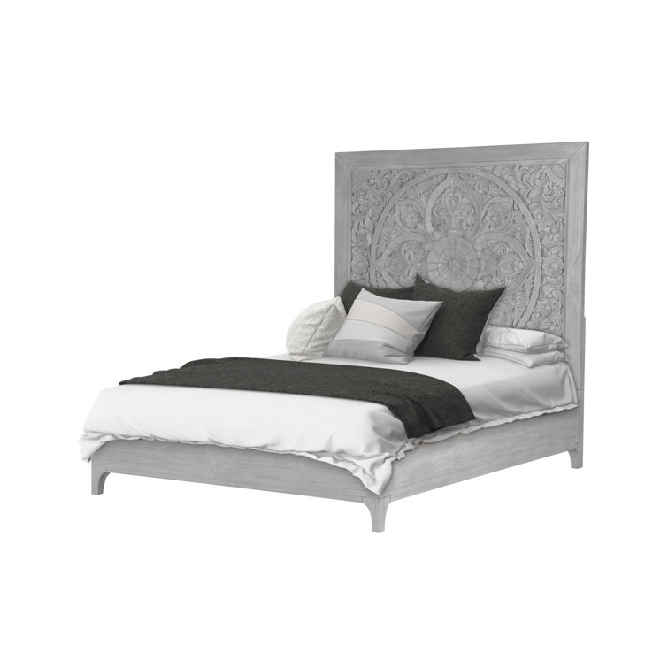 Boho Chic Sandblasted Pine Queen Bed with Carved Mandala Headboard