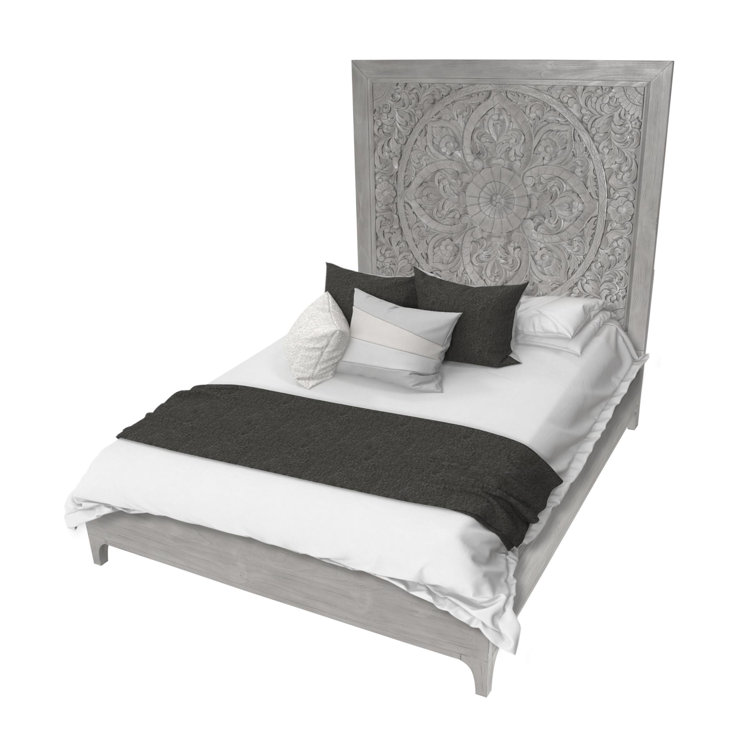 Boho Chic Sandblasted Pine Queen Bed with Carved Mandala Headboard