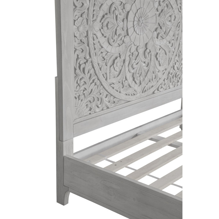 Boho Chic Sandblasted Pine Queen Bed with Carved Mandala Headboard