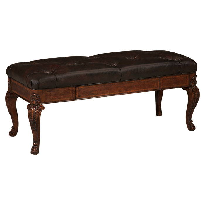 Traditional Pomegranate Cherry Leather Storage Bench with Carved Legs