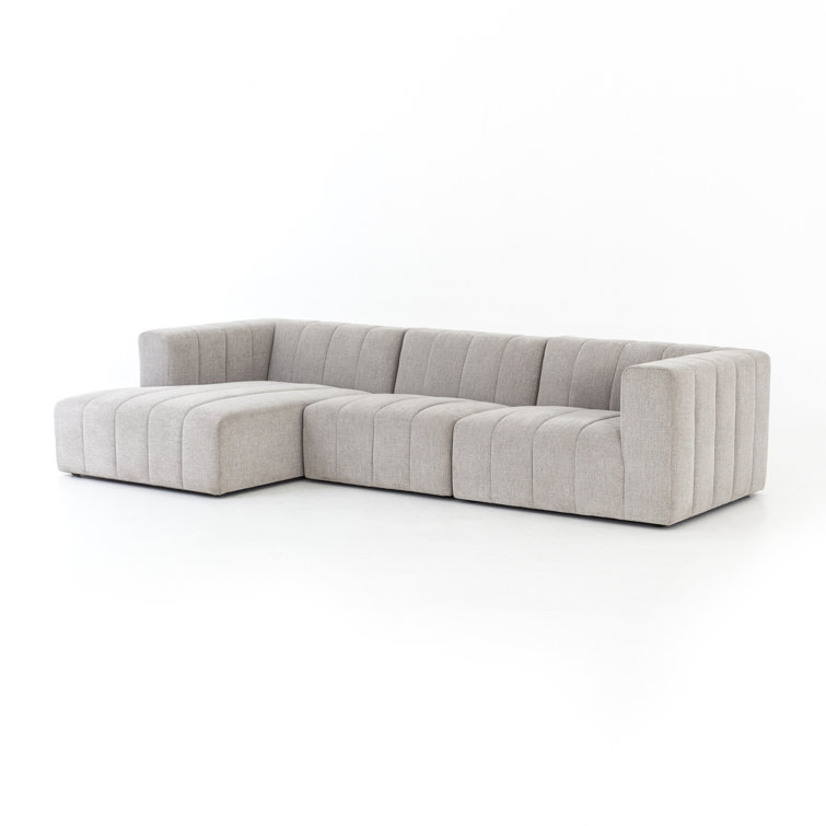 Langham 123'' Cream Herringbone Fabric 3-Piece Sectional with Ottoman