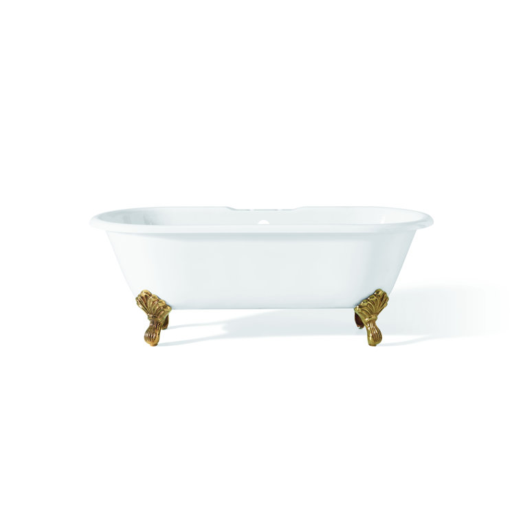 White Oval Freestanding Cast Iron Clawfoot Bathtub with Polished Brass Feet
