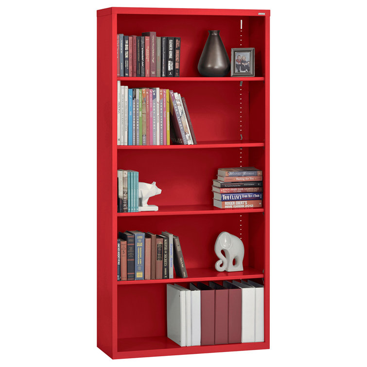 Red Powder Coat Steel 72" Adjustable 5-Shelf Bookcase