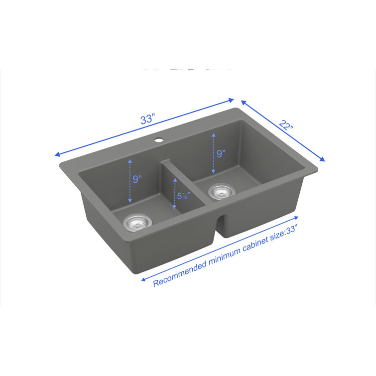 Gray Quartz 33'' Double Bowl Drop-In Kitchen Sink