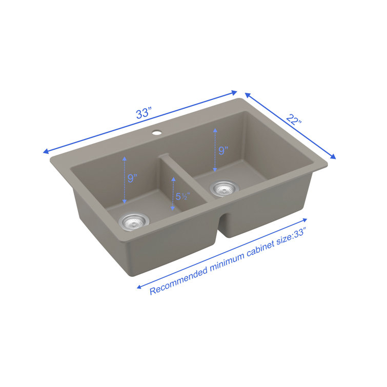 Concrete Quartz 33'' Double Bowl Top Mount Kitchen Sink