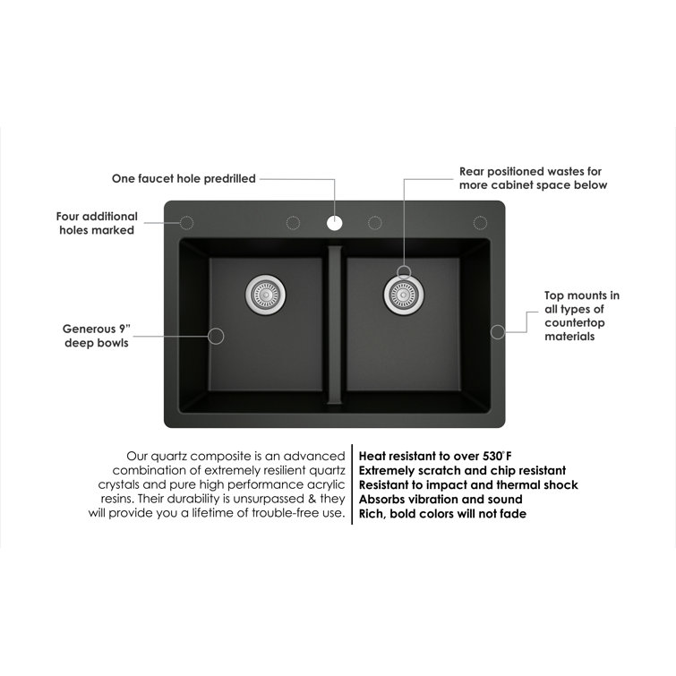 Black Quartz Double Bowl Top Mount Kitchen Sink