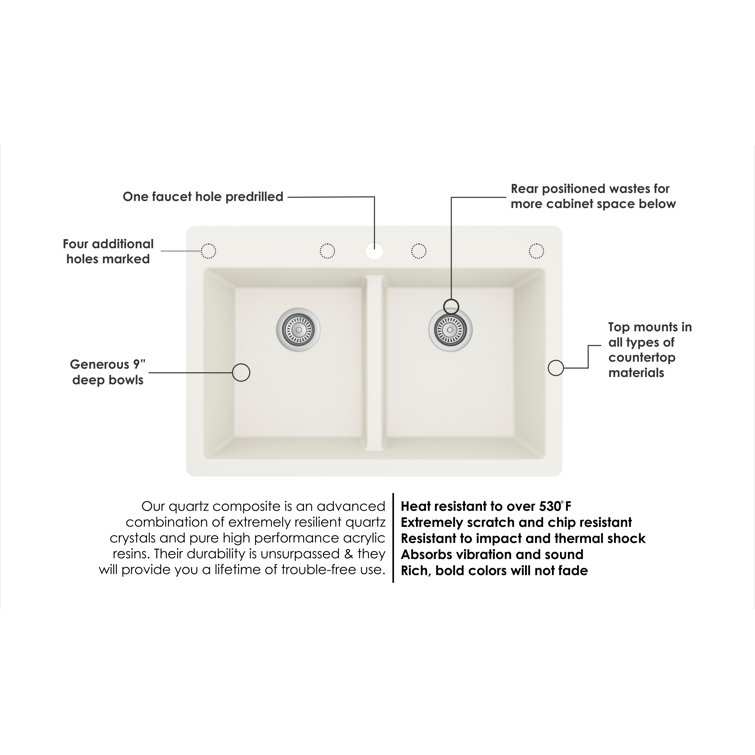 White Quartz 33'' Double Bowl Drop-In Kitchen Sink