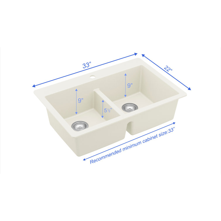 White Quartz 33'' Double Bowl Drop-In Kitchen Sink