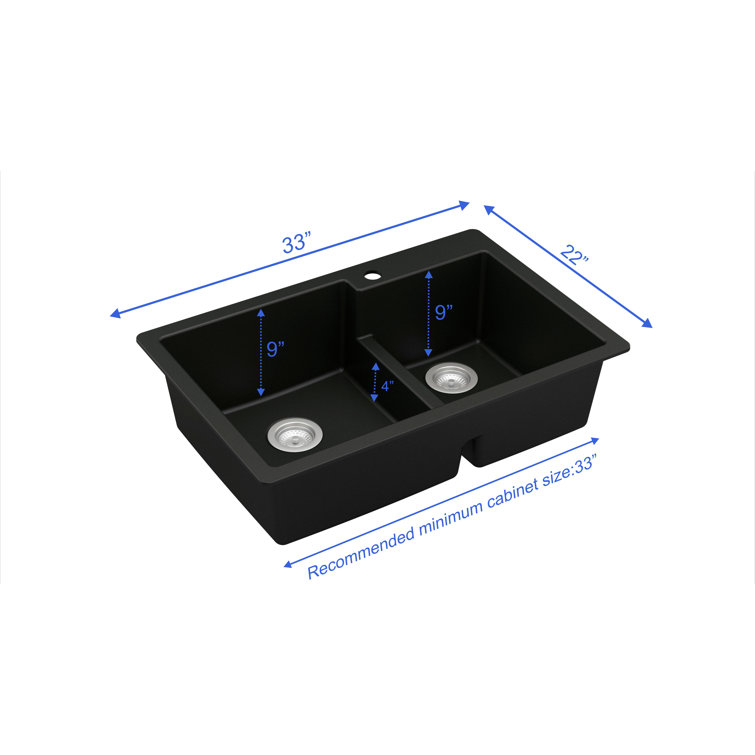 Black Quartz 33'' Double Bowl Top Mount Kitchen Sink