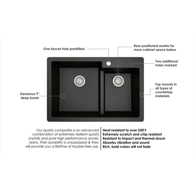 Black Quartz 33'' Double Bowl Top Mount Kitchen Sink