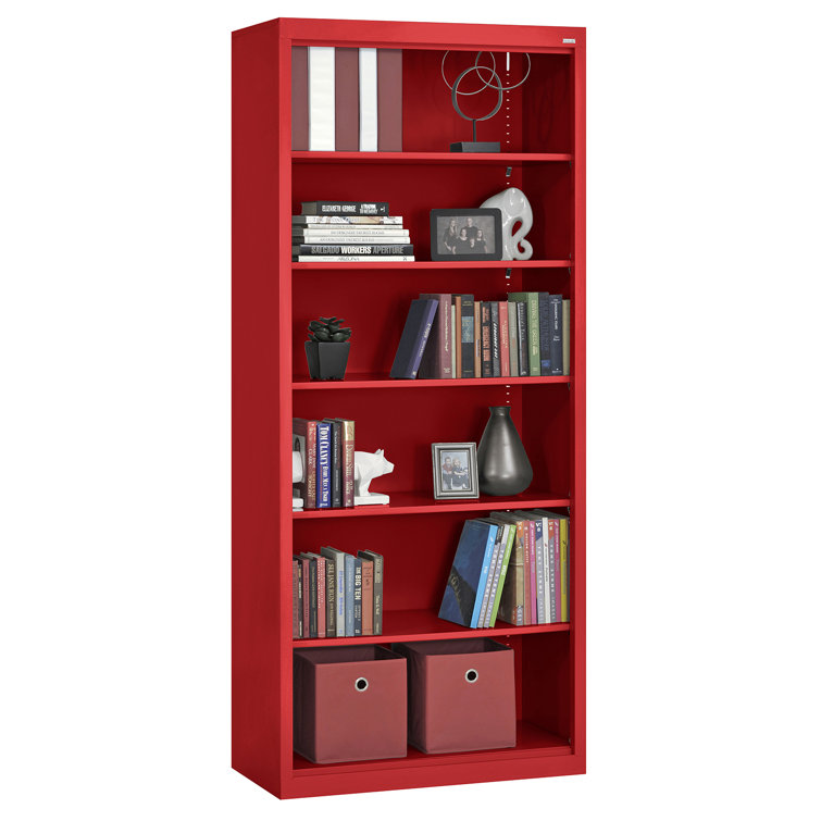 Red Powder Coat Steel 72" Adjustable 5-Shelf Bookcase