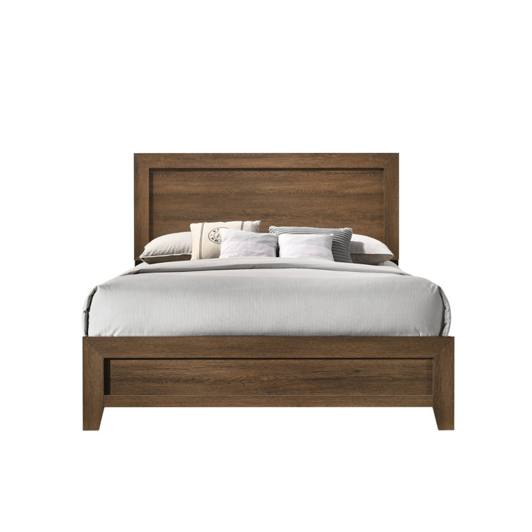 Elegant Oak Queen Bed with Upholstered Headboard and Storage Drawer