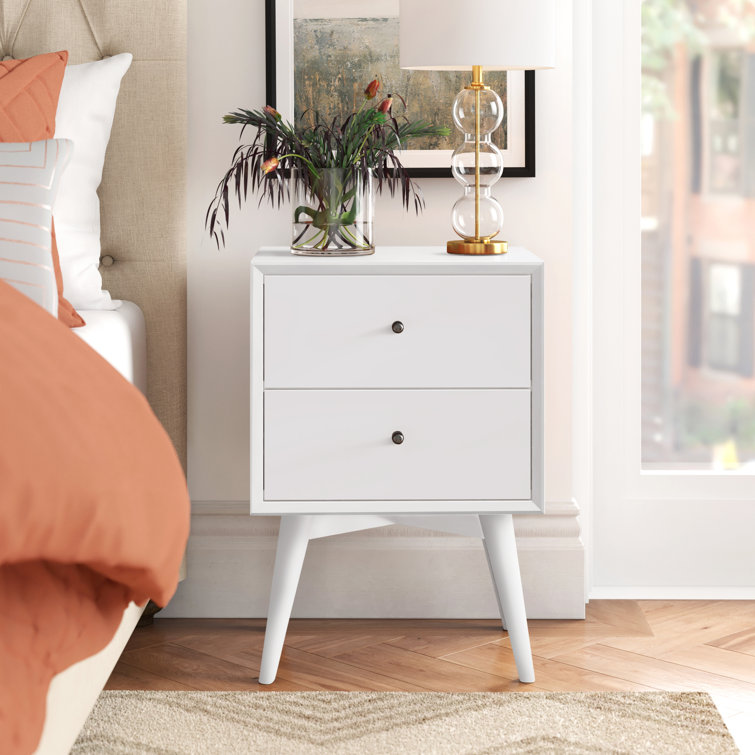 Elegant White Mahogany 2-Drawer Mid-Century Modern Nightstand