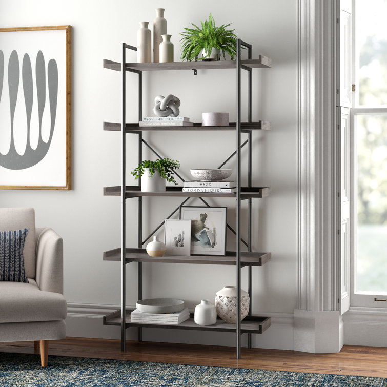 Urban Gray Wash 68" Industrial Metal 5-Shelf Bookcase