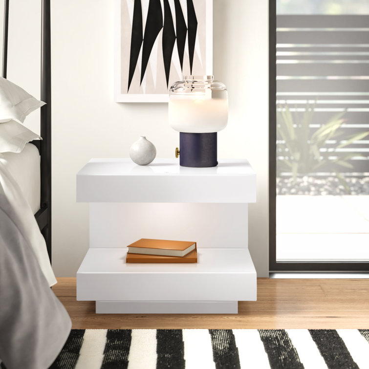 C-Shaped Modern White Glossy Nightstand with LED Light