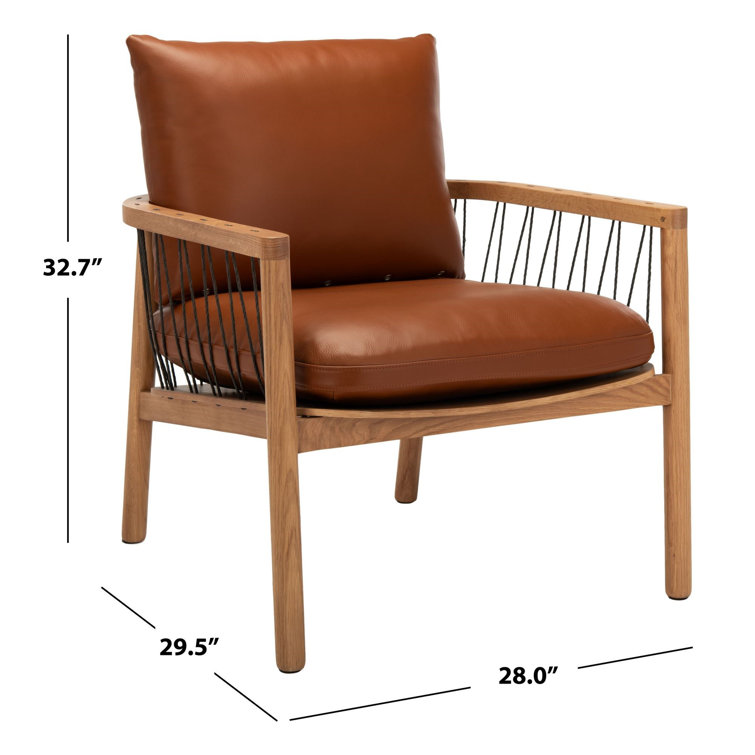 Brown Genuine Leather and Oak Armchair with Square Arms