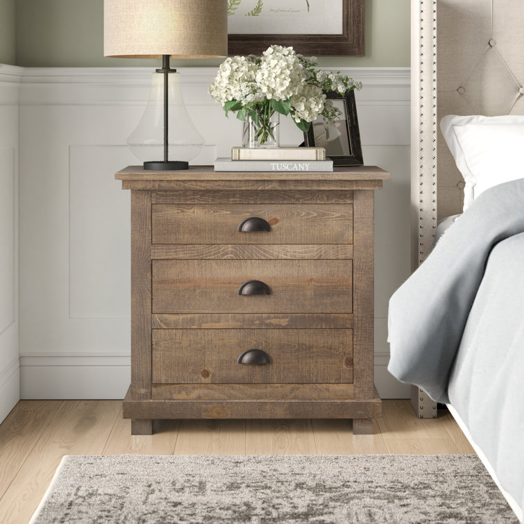 Rustic Brown 3-Drawer Weathered Pine Nightstand