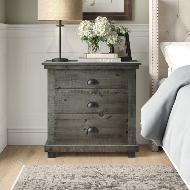Transitional Gray 3-Drawer Solid Pine Nightstand