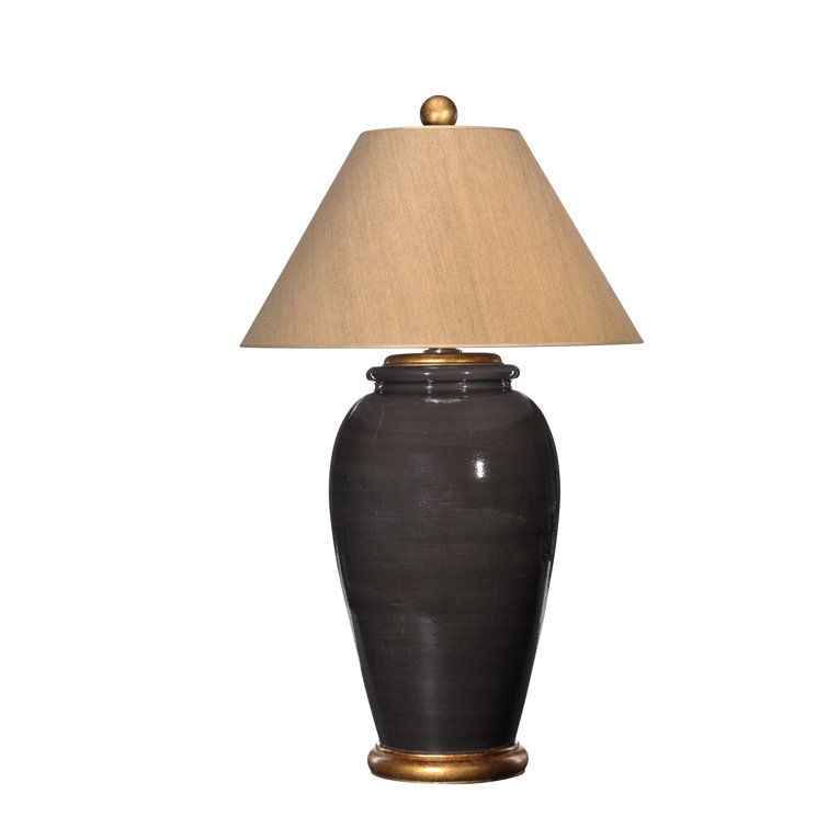 Rich Chocolate and Gold Ceramic Table Lamp with Tan Seagrass Shade