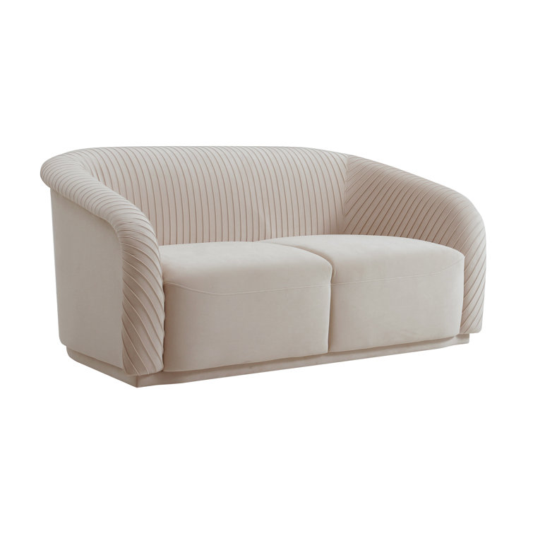 Beige Velvet Rolled Arm Loveseat with Wood Frame