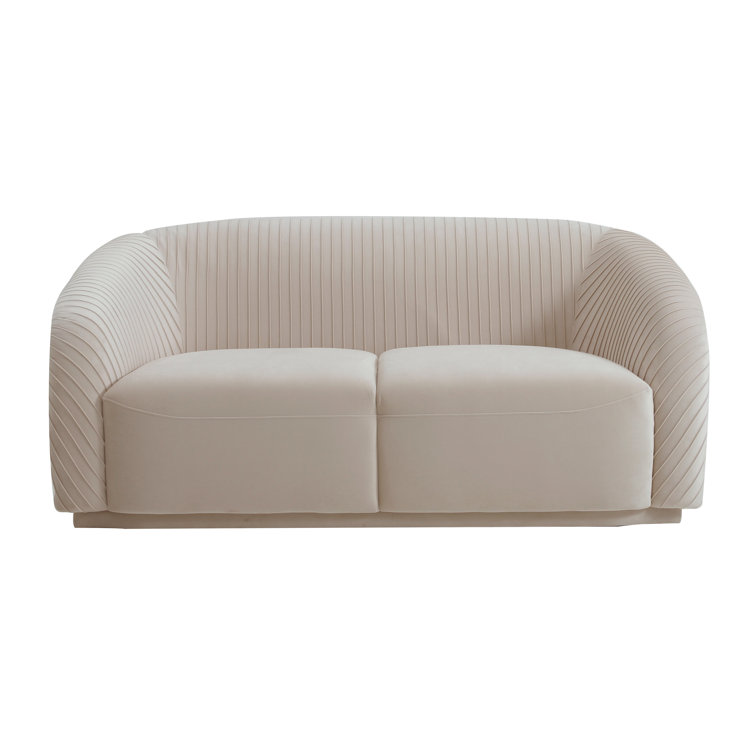 Beige Velvet Rolled Arm Loveseat with Wood Frame