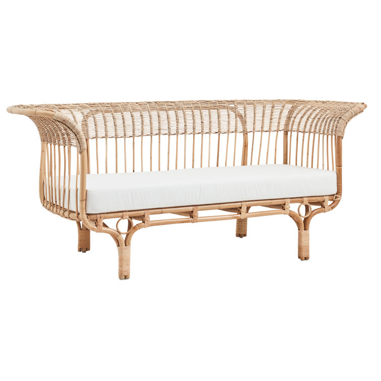 Natural Rattan and White Canvas Flared Arm Sofa