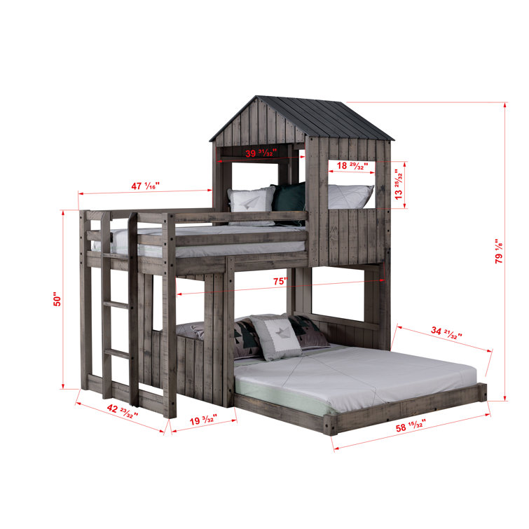 Rustic Gray Pinewood Twin Over Full Loft Bunk Bed with Drawers