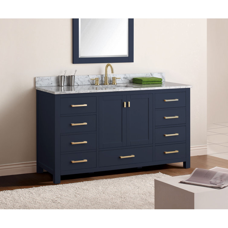 Navy Blue Solid Wood 60" Freestanding Vanity Base