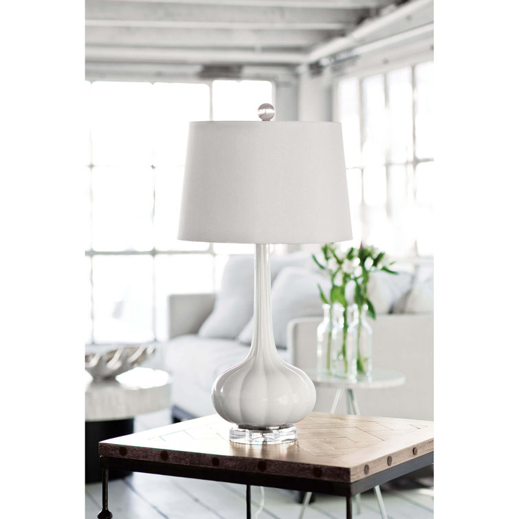 Snow White Glass Table Lamp with Linen Shade