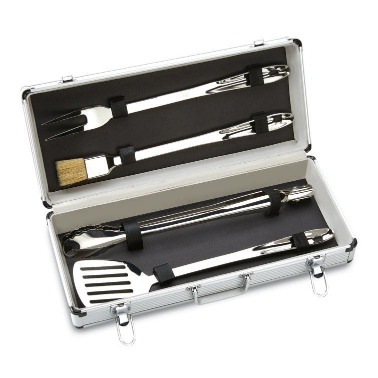 Silver Stainless Steel 4-Piece Barbecue Tool Set with Case
