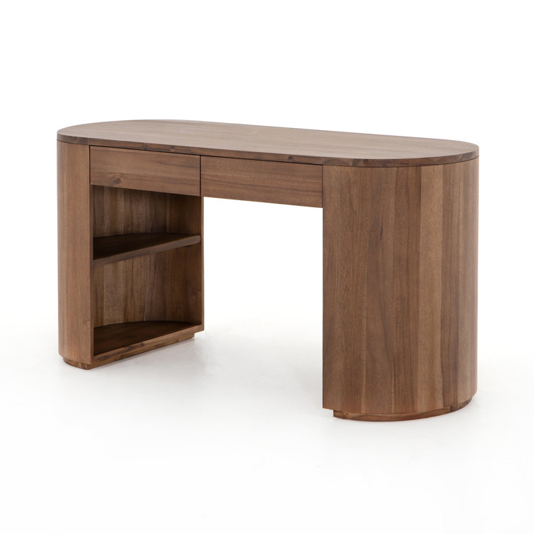 Caramel Brown Oval Wood Writing Desk with Drawers