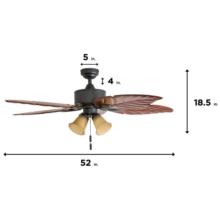 52" Bronze Tropical Ceiling Fan with Hand Carved Blades and LED Light