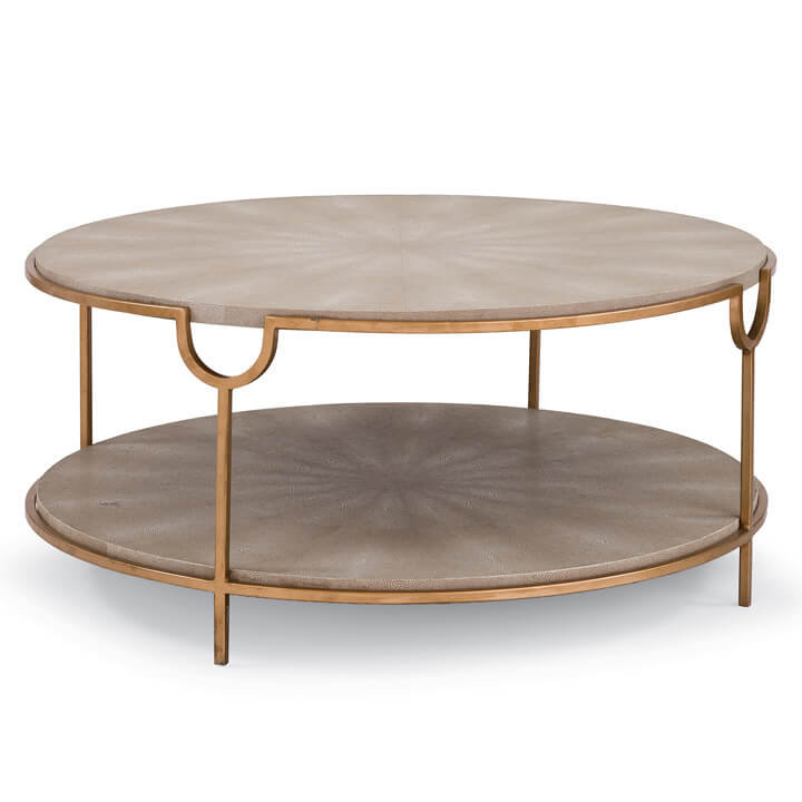 Ivory Gray Shagreen Round Metal Coffee Table with Brass Base