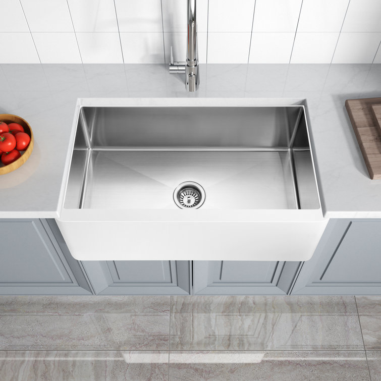 Apollo 36'' White Stone Farmhouse Kitchen Sink with Stainless Steel Interior