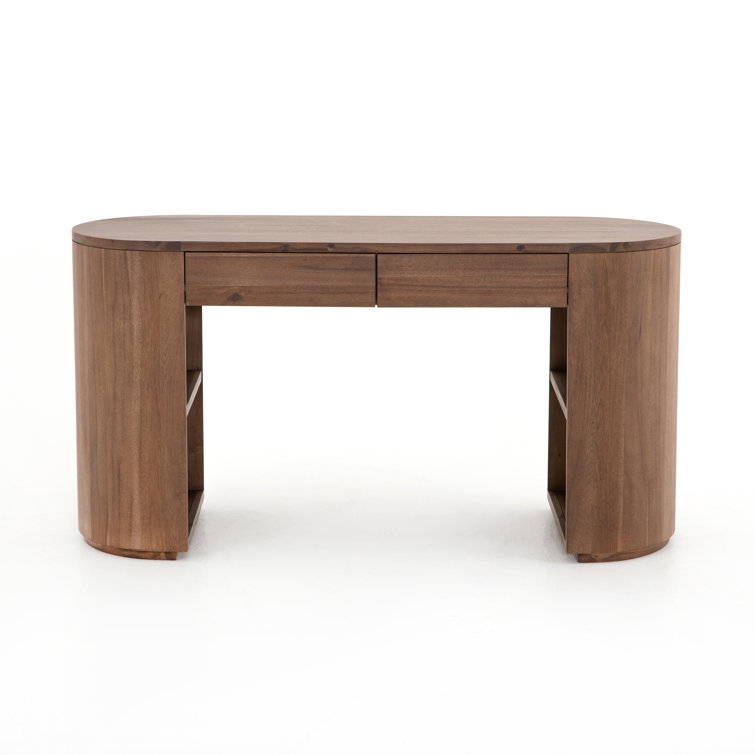Caramel Brown Oval Wood Writing Desk with Drawers