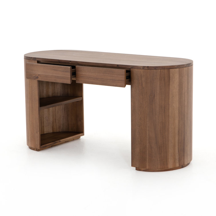 Caramel Brown Oval Wood Writing Desk with Drawers