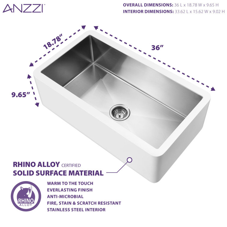 Apollo 36'' White Stone Farmhouse Kitchen Sink with Stainless Steel Interior