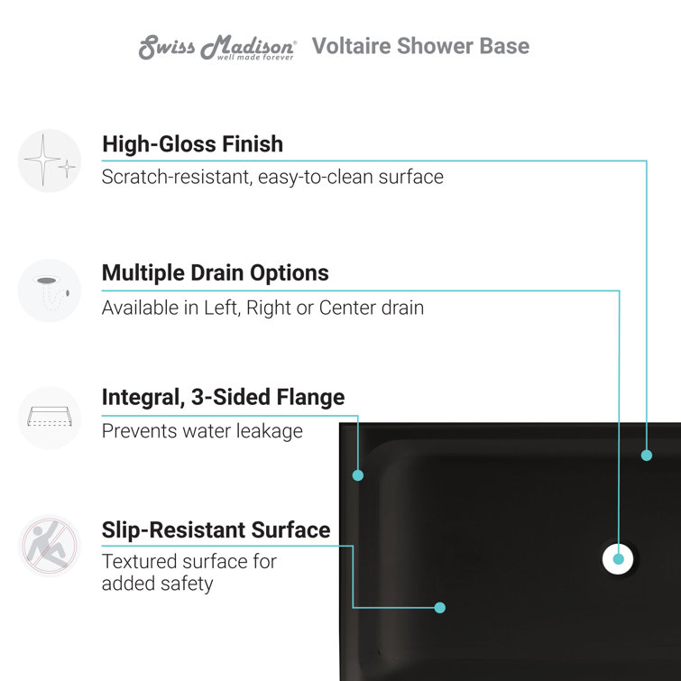 Voltaire 60" x 36" White Acrylic Single-Threshold Shower Base