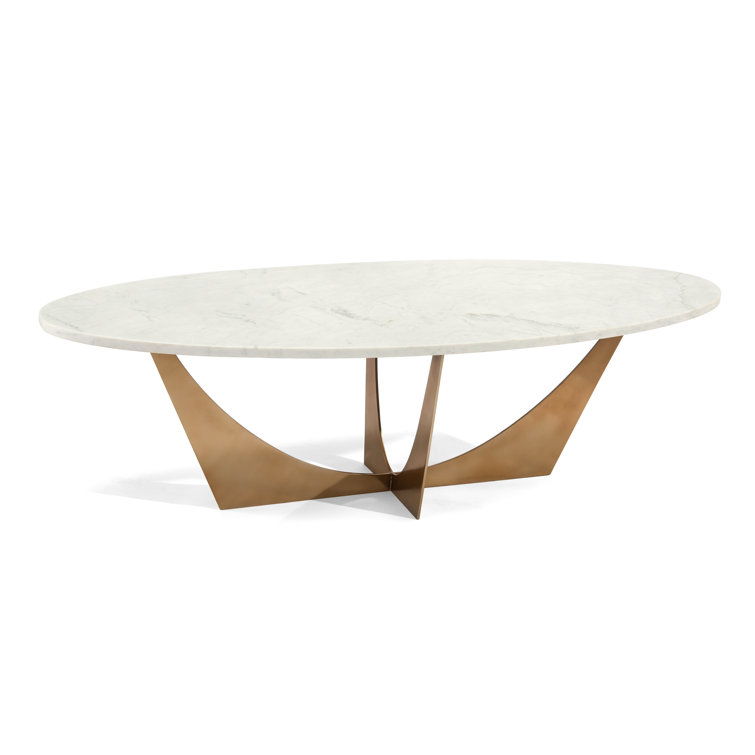 White Marble and Brass Oval Cocktail Table