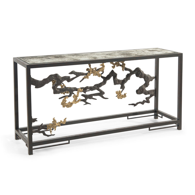 60'' Antique Brass and Glass Console Table with Storage