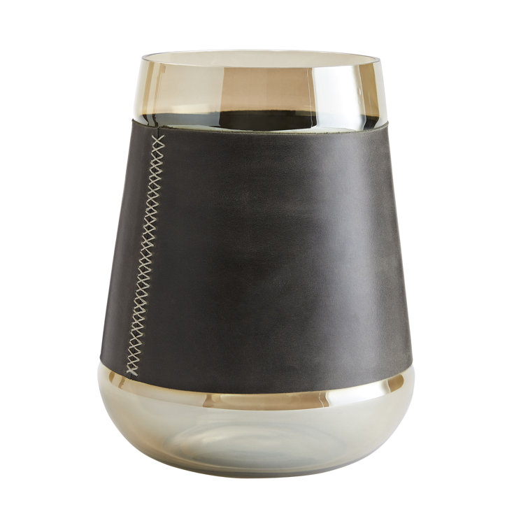 Duncan Graphite Leather & Smoke Glass Hurricane Candle Holder 10"x8"